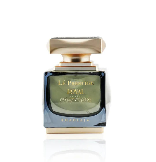 Le Prestige Royal 100ml EDP by Khadlaj – regal perfume with spearmint, Turkish rose, cinnamon, amber, vanilla, leather, and cedarwood in a luxury bottle.